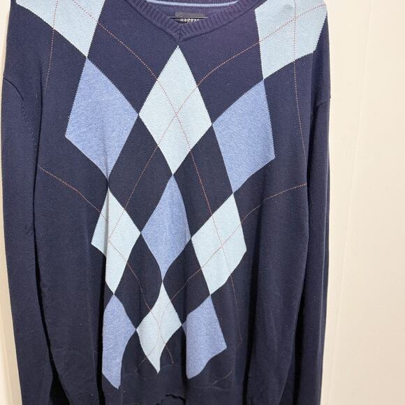 Haggar Navy Blue Argyle V-Neck Sweater Men’s XL Classic Pullover Knit - Picture 3 of 8